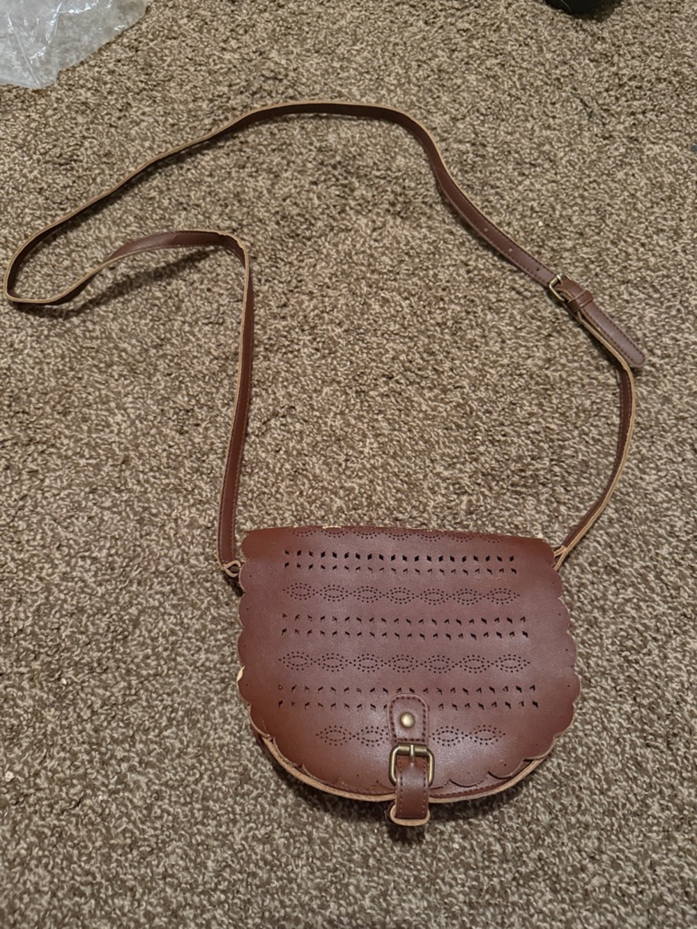 Brown Scalloped Perforated Crossbody Bag with Adjustable Strap